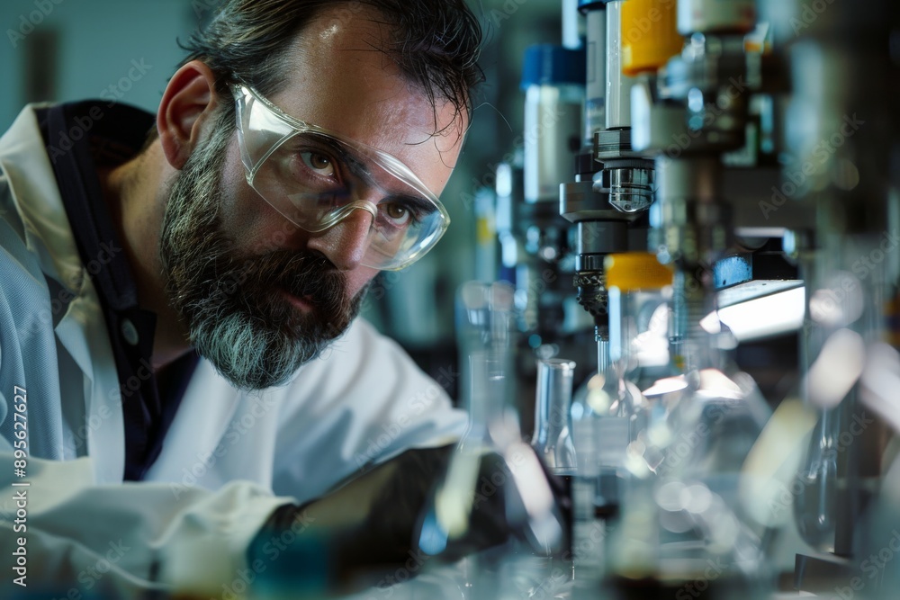 Scientist working in a lab with equipment. Scientist working in a lab with equipment.
