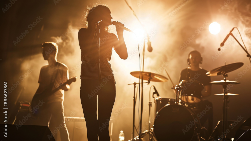 Fototapeta premium A band performs passionately on stage under dramatic lighting, capturing the intensity and emotion of live music.