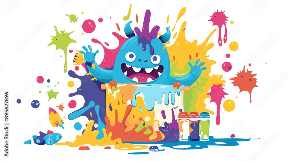 Create a clipart of a Monster Painter Splashing colors on a canvasin a kawaii style, simplified to feature fewer elements for a cleaner look, Use a color palette that is appealing to children, Create a clipart of a Monster Painter Splashing colors on a canvasin a kawaii style, simplified to feature fewer elements for a cleaner look, Use a color palette that is appealing to children,