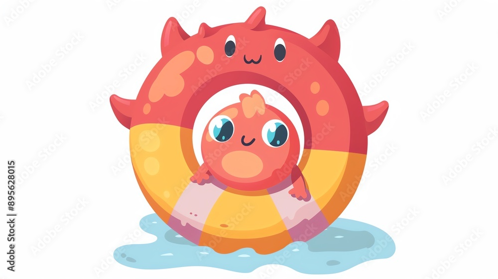 Obraz premium Create a clipart of a Monster Lifesaver Lifesaver ring and whistlein a kawaii style, simplified to feature fewer elements for a cleaner look, Use a color palette that is appealing to children,