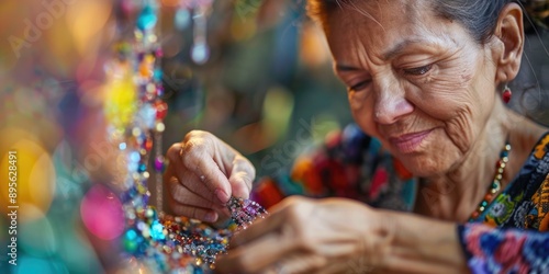 Older woman carefully crafting a piece of beadwork, showcasing traditional artistry and manual skill.