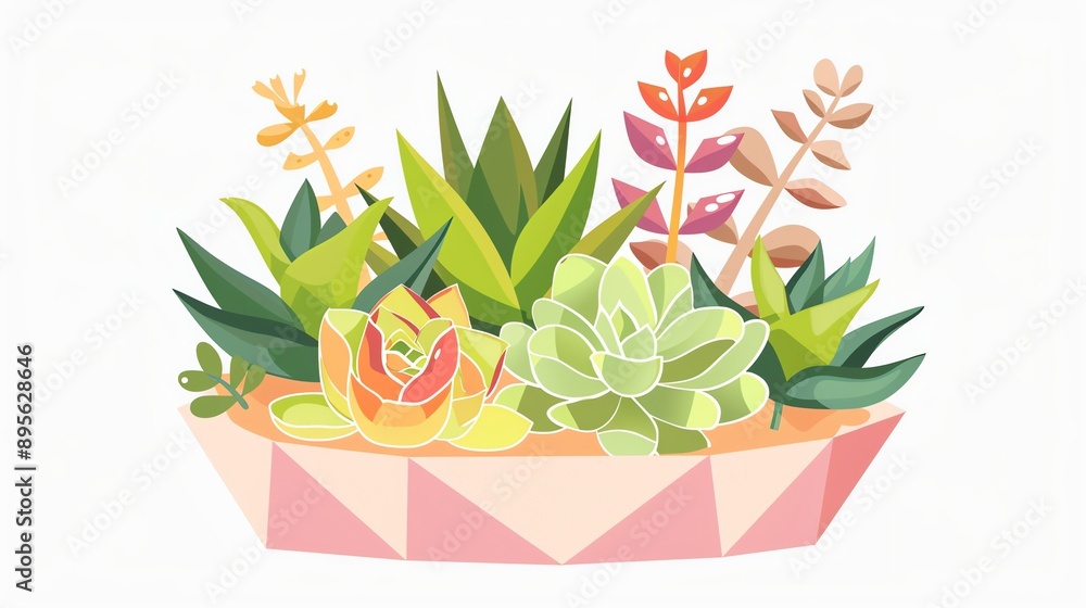 Fototapeta premium Create a clipart of a Succulent arrangement in a geometric terrariumin a kawaii style, simplified to feature fewer elements for a cleaner look, Use a color palette that is appealing to children