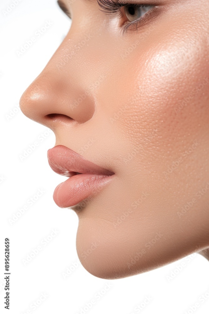 The lips of a woman with pink lipstick applied, highlighting her fresh makeup look. The lips of a woman with pink lipstick applied, highlighting her fresh makeup look.