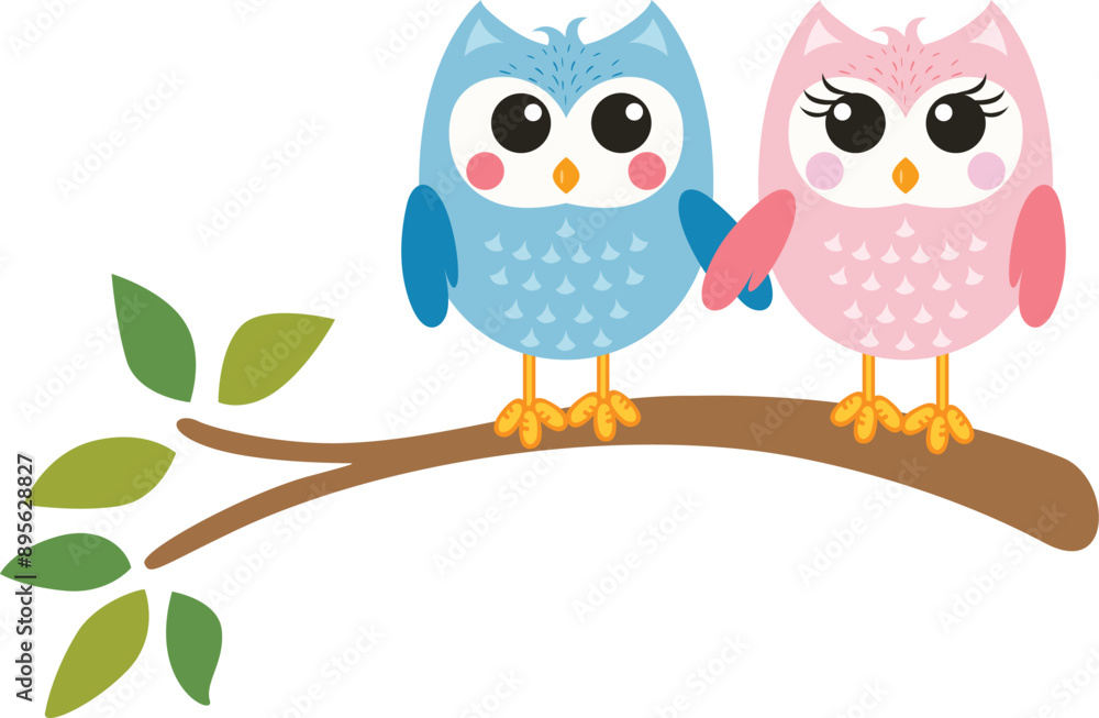 Fototapeta premium Couple of owls on branch tree with leaves