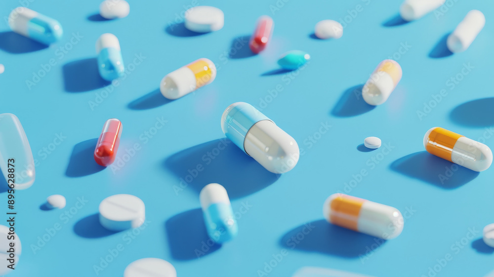 A vivid close-up of assorted capsules and pills arranged on a blue surface, creating a sense of variety in pharmaceuticals. A vivid close-up of assorted capsules and pills arranged on a blue surface, creating a sense of variety in pharmaceuticals.