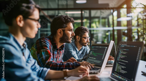 Focused team of software developers collaborate intensely on their laptops in a modern, glass-walled office. © VK Studio