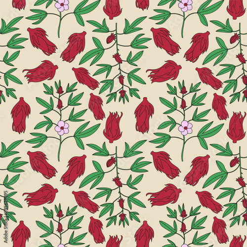 Seamless pattern with Red Roselle fruit, branch with leaves, flower Jamaica sorrel, Rozelle or hibiscus sabdariffa. Hand drawn vector repeating background with tropical plant Sudanese rose. Tea, drink