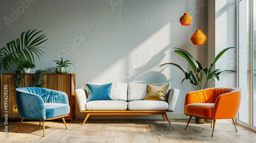 Stylish living room with white and orange armchairs, wooden cabinet, and lush green plants, illuminated by warm sunlight streaming in. photo