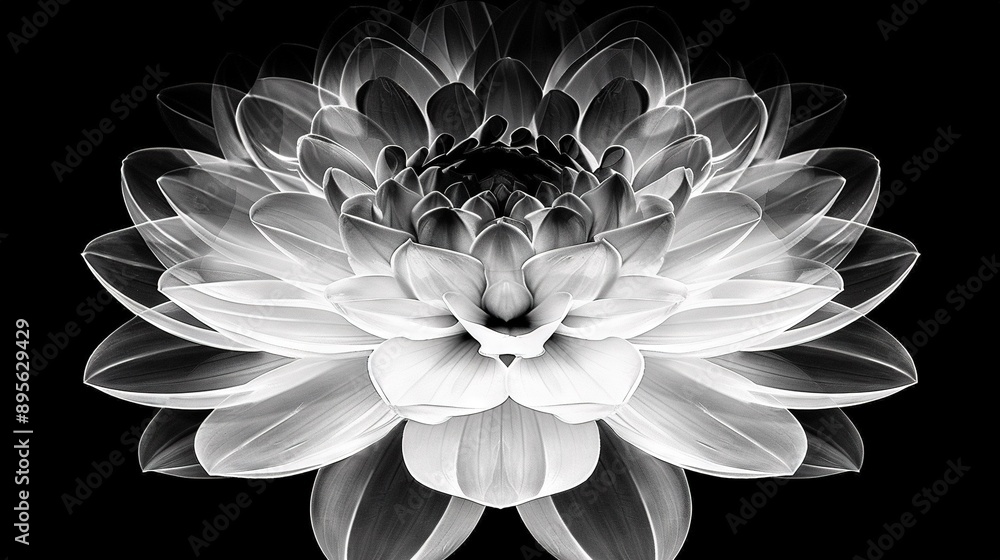 Black and white image of a flower against a dark background, with the flower's center perfectly aligned Black and white image of a flower against a dark background, with the flower's center perfectly aligned