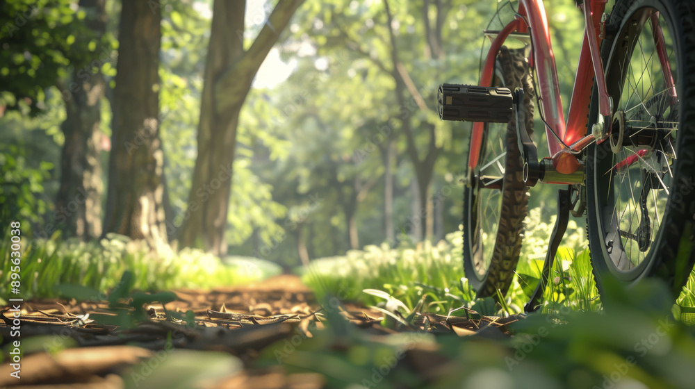A bicycle parked on a sunlit forest trail, with trees and foliage creating a serene and tranquil atmosphere. A bicycle parked on a sunlit forest trail, with trees and foliage creating a serene and tranquil atmosphere.