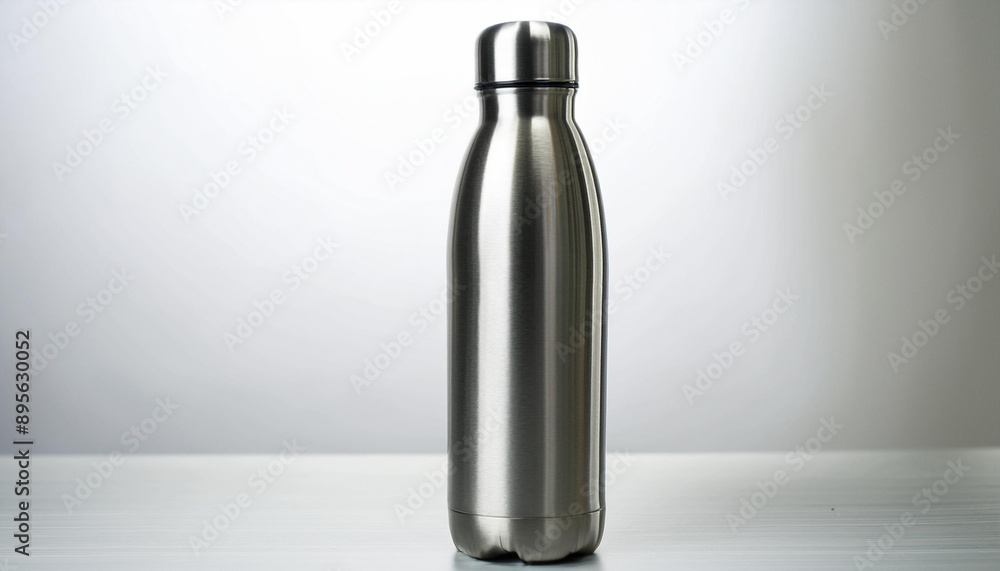 A stainless steel water bottle with a sleek design, isolated on a white background, emphasizing its modern and functional design. A stainless steel water bottle with a sleek design, isolated on a white background, emphasizing its modern and functional design.