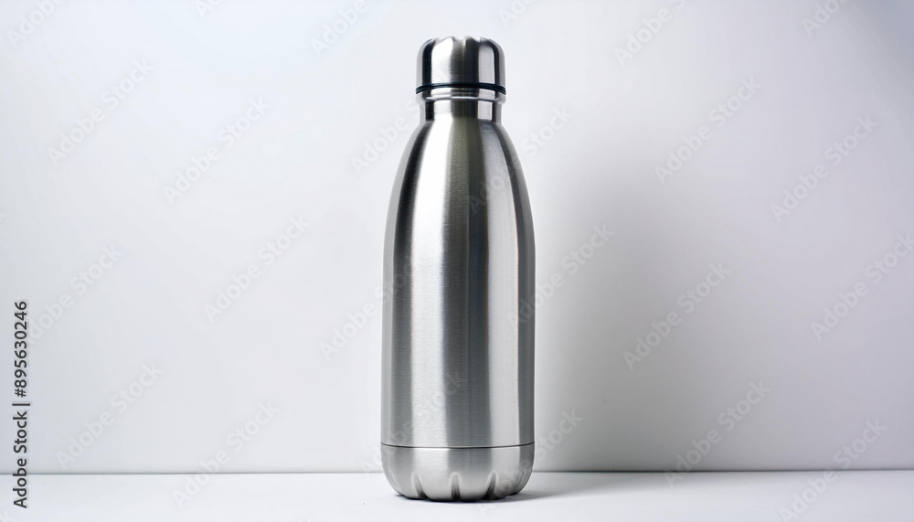 A stainless steel water bottle with a sleek design, isolated on a white background, emphasizing its modern and functional design. A stainless steel water bottle with a sleek design, isolated on a white background, emphasizing its modern and functional design.