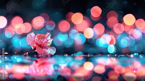 Wallpaper Mural   A pink flower atop a table against a blue-pink backdrop with background lights Torontodigital.ca