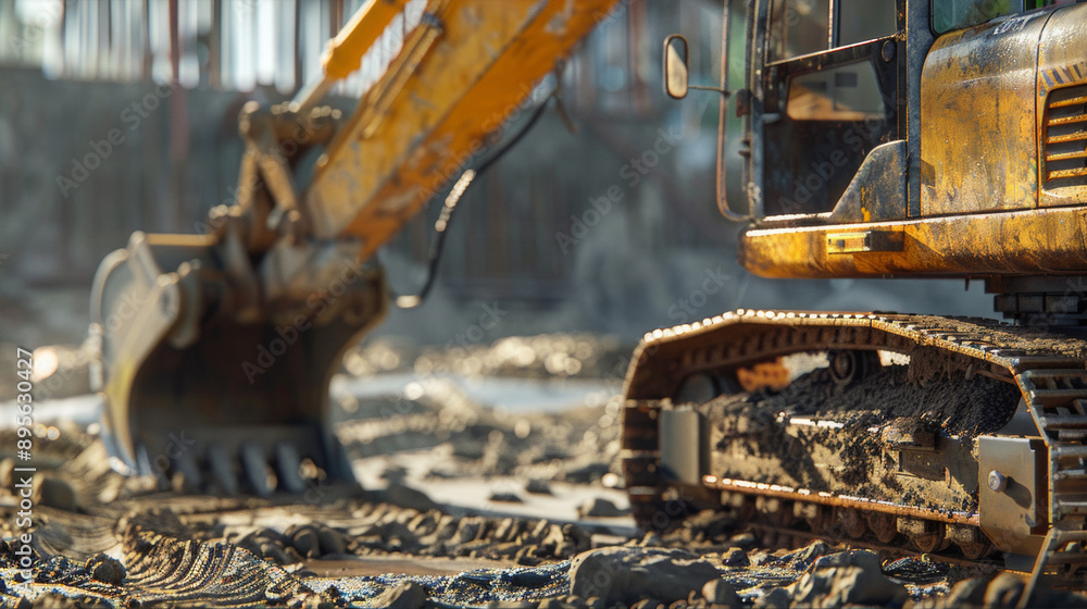Fototapeta premium Close-up of the rear and front gears of an excavator in the style of a construction site against a background of dirt working on a sunny day.