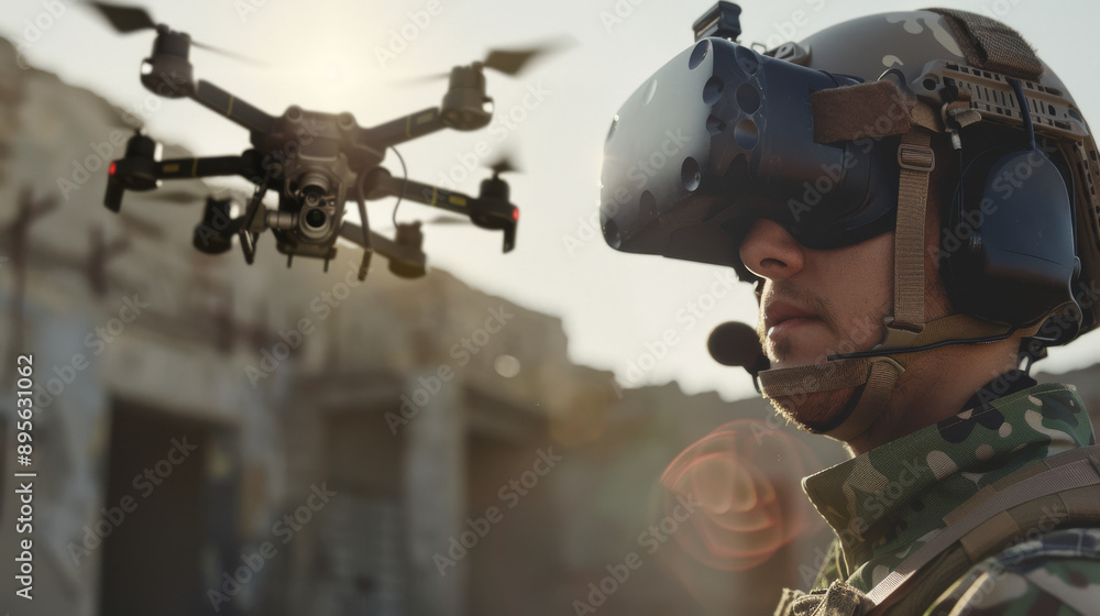 A soldier operating a drone in a rugged, open environment, wearing VR goggles for enhanced vision and control. A soldier operating a drone in a rugged, open environment, wearing VR goggles for enhanced vision and control.