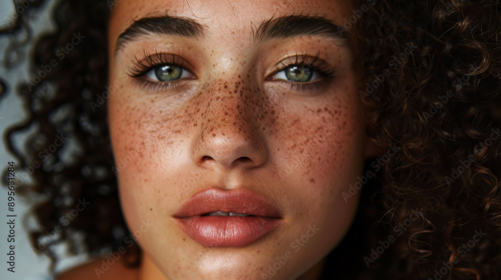 A close-up portrait of a person with mesmerizing green eyes, freckles, and natural curly hair, exuding beauty and confidence. A close-up portrait of a person with mesmerizing green eyes, freckles, and natural curly hair, exuding beauty and confidence.