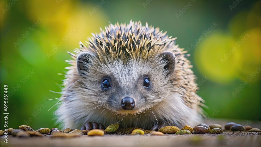 Fototapeta premium Close up of a cute hedgehog, spiky, adorable, animal, mammal, wildlife, prickly, curious, close-up, quills, nature, pet, small