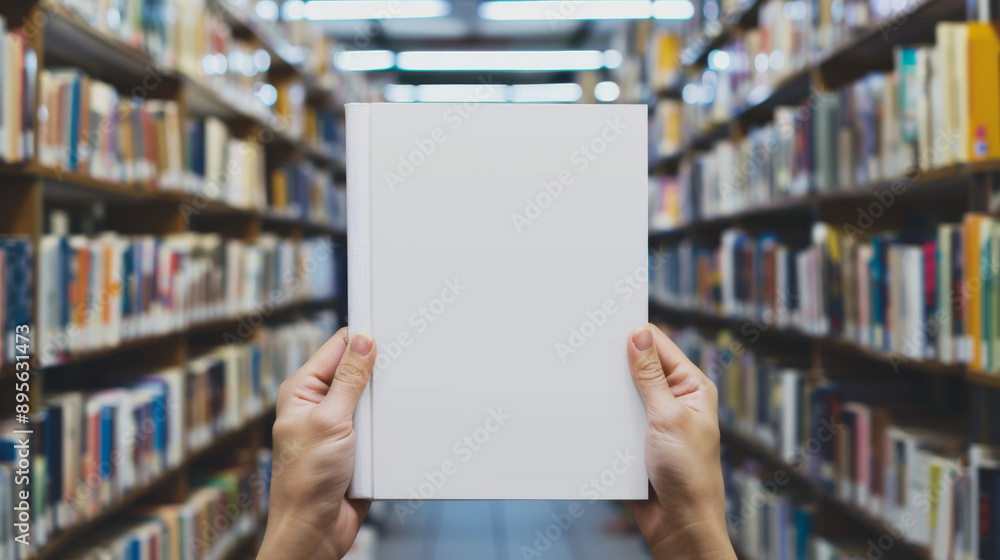 Person holding a blank book in the middle of a library aisle, surrounded by shelves full of books. Person holding a blank book in the middle of a library aisle, surrounded by shelves full of books.