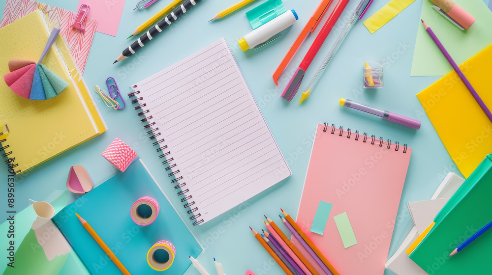 An artistically arranged desk, covered with various pastel-colored stationery items, focusing on an open notebook and art supplies. An artistically arranged desk, covered with various pastel-colored stationery items, focusing on an open notebook and art supplies.