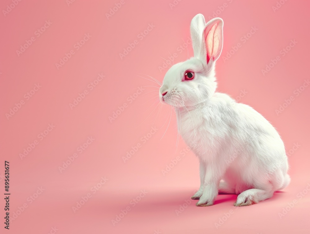 Obraz premium White Rabbit Sitting Pink Surface