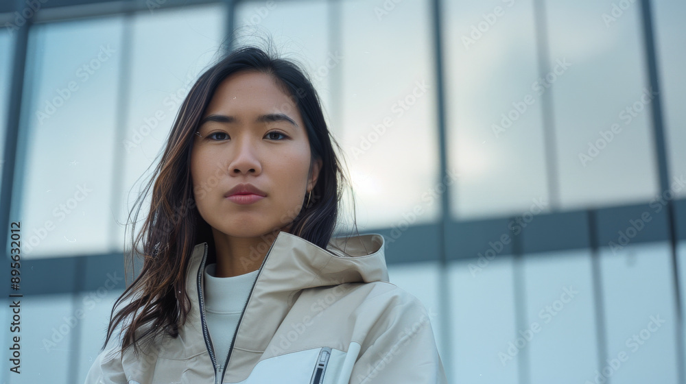 A young woman stands confidently in front of a modern glass building, embodying strength and resilience in her outdoor attire. A young woman stands confidently in front of a modern glass building, embodying strength and resilience in her outdoor attire.
