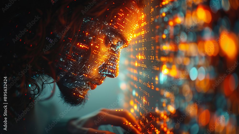 abstract computer data morphing into an image of a person and a keyboard,generative ai abstract computer data morphing into an image of a person and a keyboard,generative ai