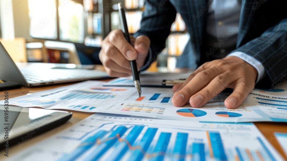 Businessman analyzing financial report data. Professional working on growth charts and graphs at office desk, enhancing company performance. Businessman analyzing financial report data. Professional working on growth charts and graphs at office desk, enhancing company performance.