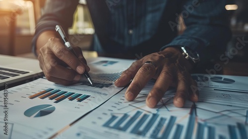 Close-up of a person analyzing financial charts and graphs on a desk with a pen, representing business data analysis and strategy planning.