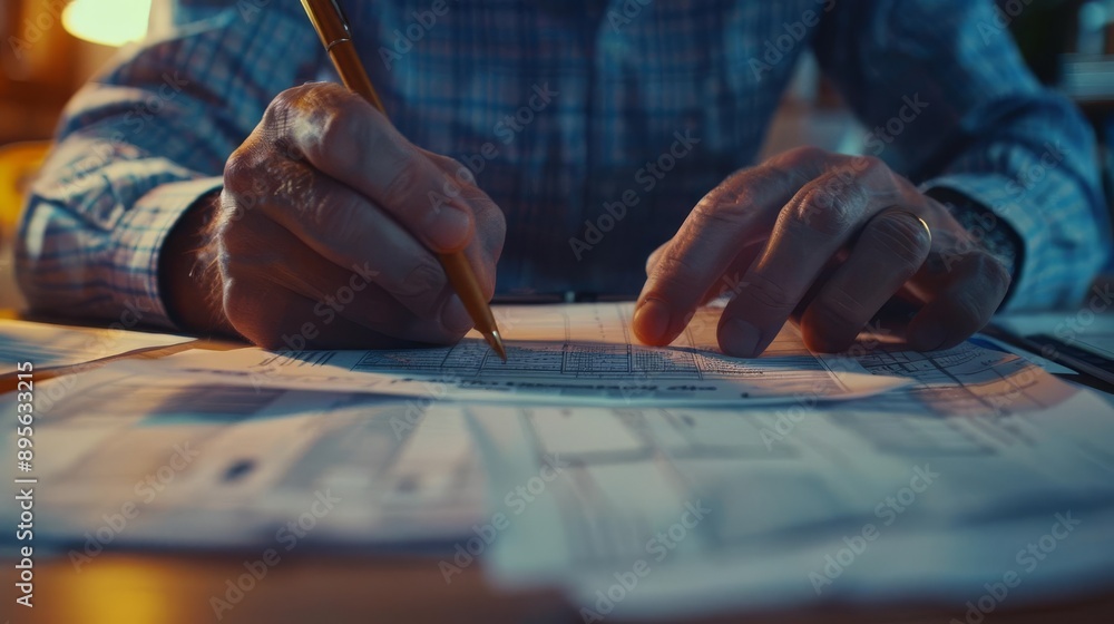 Obraz premium Close-up of elderly hands filling out forms or documents with a pen, symbolizing paperwork, taxes, and financial responsibilities.
