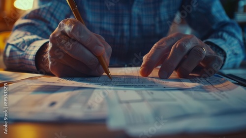 Close-up of elderly hands filling out forms or documents with a pen, symbolizing paperwork, taxes, and financial responsibilities.