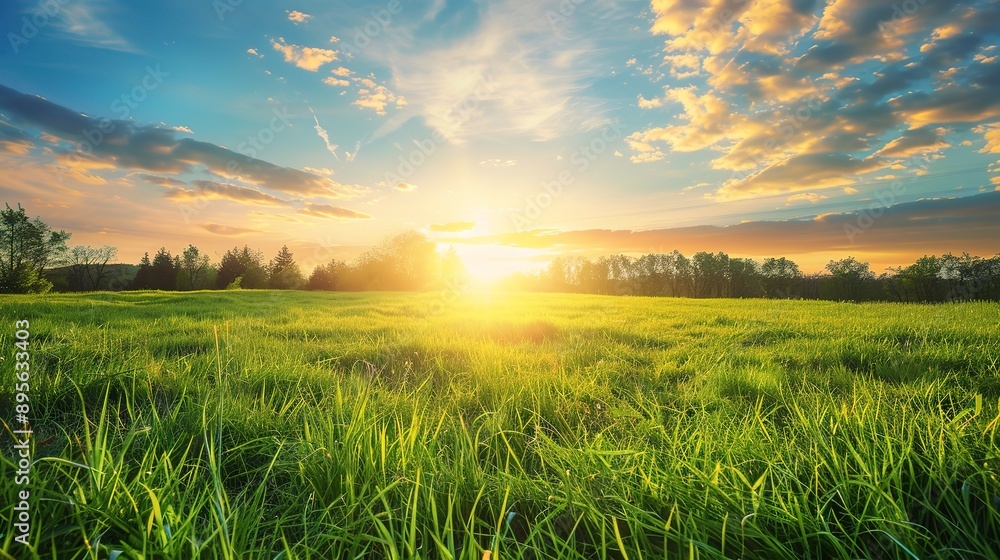 Green grass on evening sunset, morning dawn, spring nature theme. Panorama landscape background Green grass on evening sunset, morning dawn, spring nature theme. Panorama landscape background