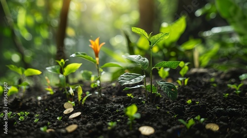 A group of plants are growing in a forest with a few coins placed in the dirt