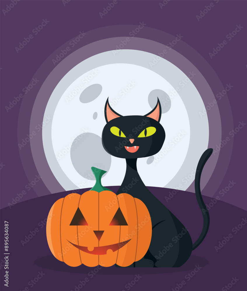 Halloween black cat with pumpkin on moon background. Cute cartoon character. Vector illustration. Halloween black cat with pumpkin on moon background. Cute cartoon character. Vector illustration.