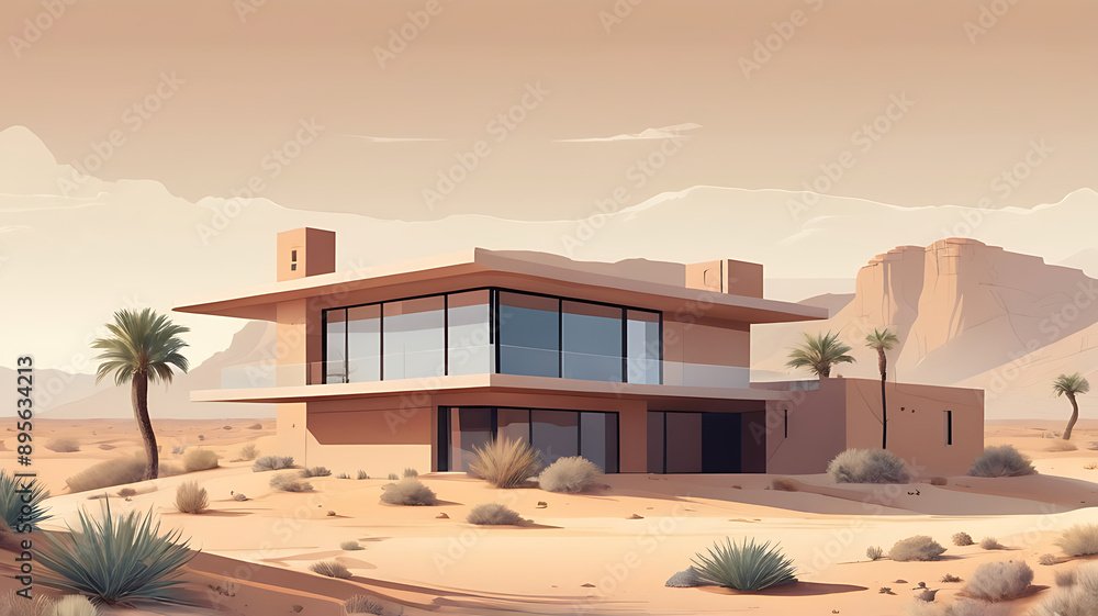 Naklejka premium A modern desert house blending into the arid landscape, symbolizing adaptation and modern desert living.