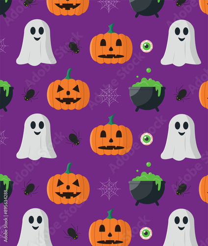 Seamless pattern with Halloween elements. Pumpkin, ghost and witch potion. Vector illustration.