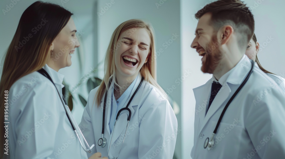 Three medical professionals in white coats share a hearty laugh in a well-lit room, highlighting the joy in their shared work. Three medical professionals in white coats share a hearty laugh in a well-lit room, highlighting the joy in their shared work.