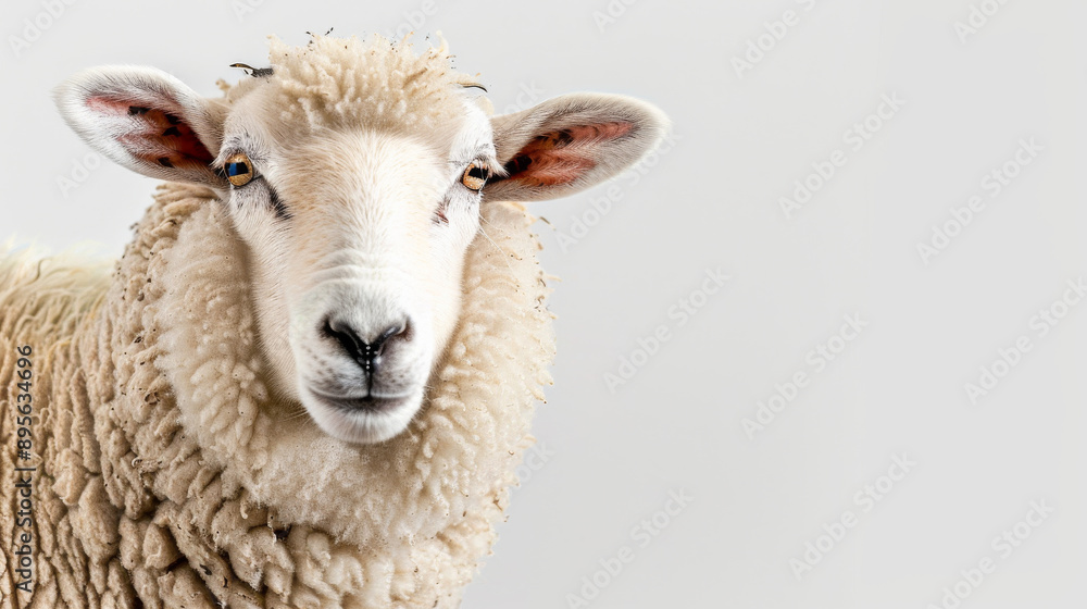 A close-up shot of a sheep with a fluffy, woolly fleece and perky ears, set against a crisp, white background. A close-up shot of a sheep with a fluffy, woolly fleece and perky ears, set against a crisp, white background.