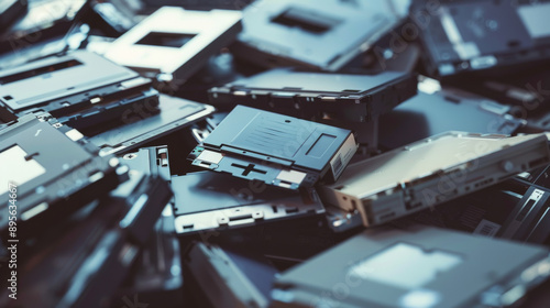 A pile of old floppy disks in close-up, evoking a sense of obsolescence and the ever-fast march of technological progress. photo