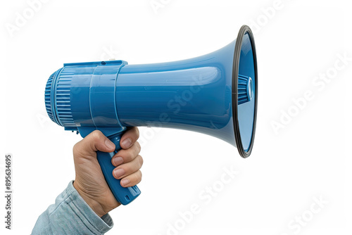  a hand holding a blue megaphone, white background