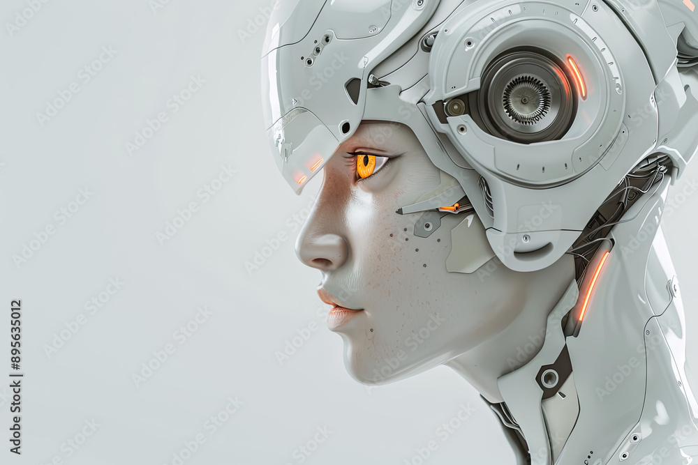 attractive female robot with white skin and glowing orange eyes attractive female robot with white skin and glowing orange eyes
