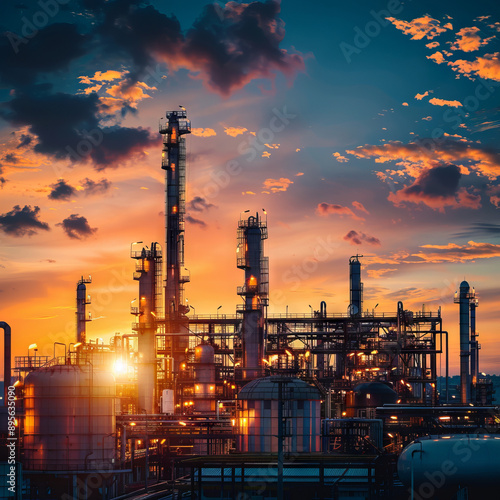 "Industrial Twilight: Oil Refinery Silhouetted Against a Vibrant Sunset Sky"