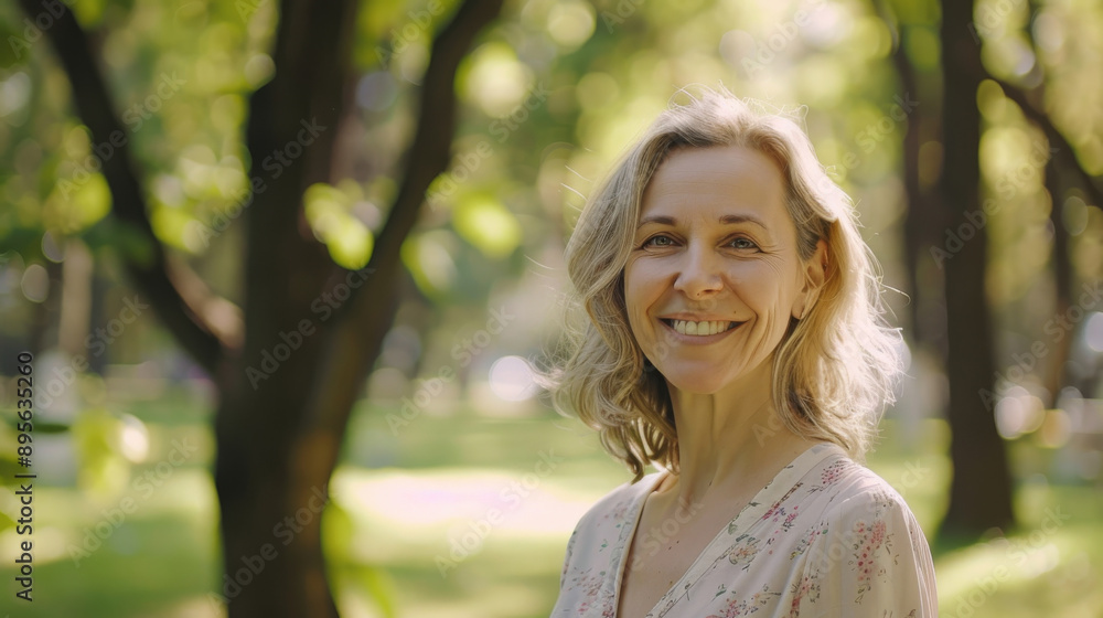 A woman with a radiant smile standing outdoors in a sunlit park, surrounded by lush green foliage and dappled sunlight, creating a serene and joyful atmosphere.
