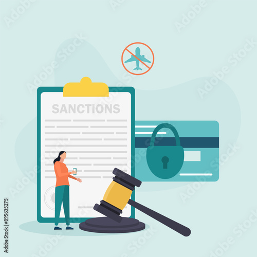 Political concept, economic sanctions. Defend international law. Restrict, ban or stop trade. Vector illustration.	