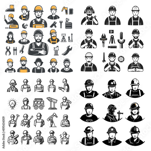A collection of black and white drawings of construction workers