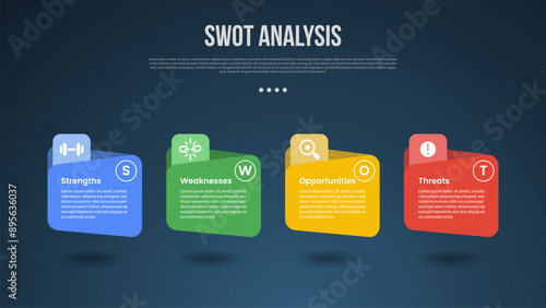 SWOT business analysis infographic template with folder box container with shadow bottom and horizontal direction with dark background style with 4 point for slide presentation