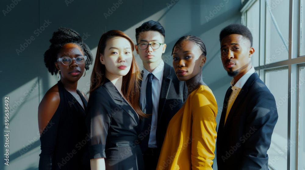 A dynamic group of five, clad in formal attire, stands together in unity, with the angled daylight highlighting their determined and bold gazes. A dynamic group of five, clad in formal attire, stands together in unity, with the angled daylight highlighting their determined and bold gazes.