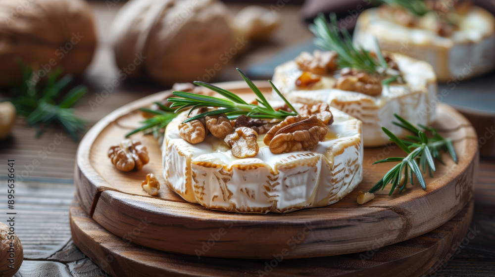 Artisan Camembert cheese decorated with walnut halves and rosemary leaves Artisan Camembert cheese decorated with walnut halves and rosemary leaves