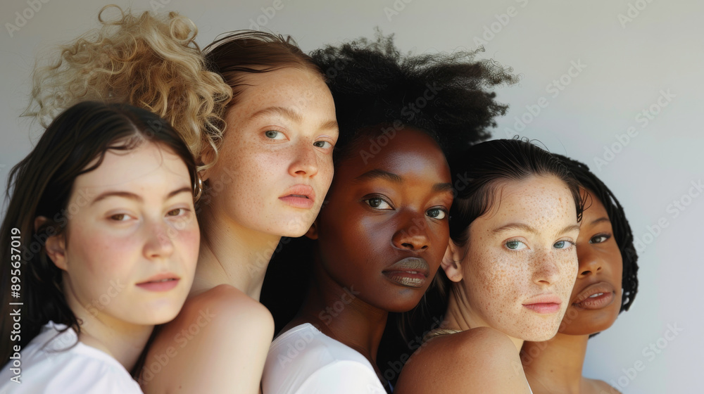 Obraz premium A group of women with varied skin tones posing closely together, partially in shadow, producing an artful contrast that highlights their distinct beauty.