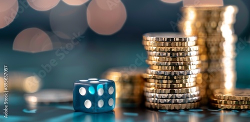 Blue Dice on Stack of Coins