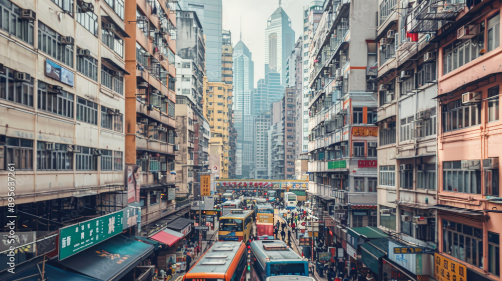 Obraz premium A busy urban street reveals a lively day full of traffic and people, with skyscrapers towering above, capturing the essence of city life.